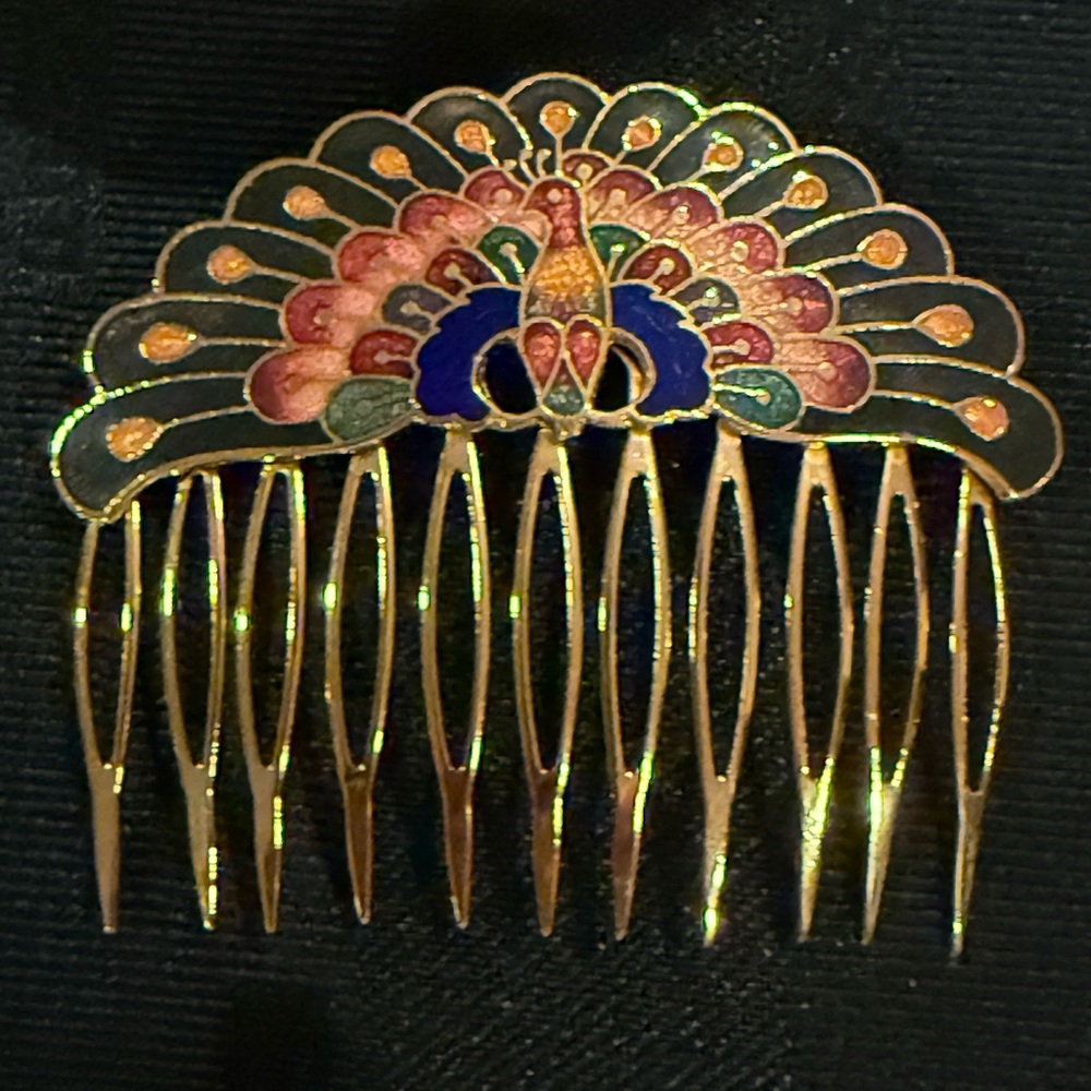 Vintage Guilloche Hair Comb Peacock Gold and Multicolor NEW - Picture 3 of 5